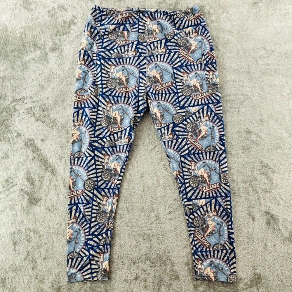 Rockabilly Garage Leggings Blue Motorcycle Pinup Tall & Curvy 2 TC2 LTT‎ Designs